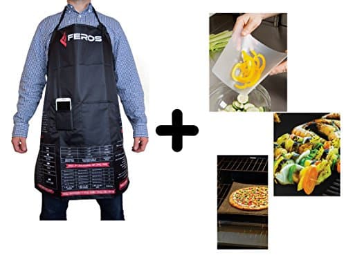 FEROS KIT - (4 Items!) FEROS Cheat Sheet BBQ Apron + 3 Pack Set of Mats -- Mesh Oven Mat, Grill Mat, Cutting Mat