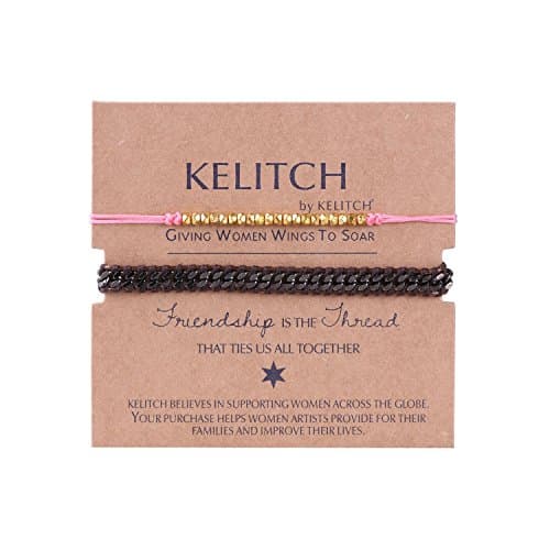 KELITCH 2 pcs/set Thin Slim Cord Rope String Black Metal Gold-Plated Stone Chain Bracelet - Brown