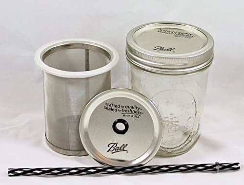 Cold Brew Coffee Maker Kit - Pint - Make Fresh Cold Brew Coffee and Tea with our Ball Mason Jar Kit with Stainless Steel Filter and Stainless Steel Ball Lid and Grommet with Black Straw (Pint)