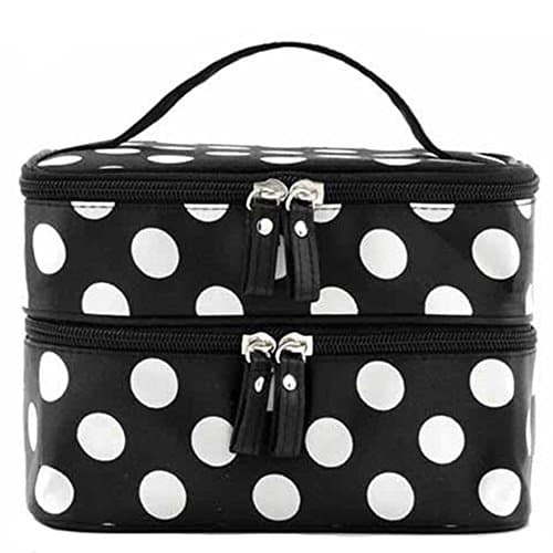 Vellhater Dot Pattern Double Hand Storage Toiletry Layer Cosmetic Tool Makeup Case Bag