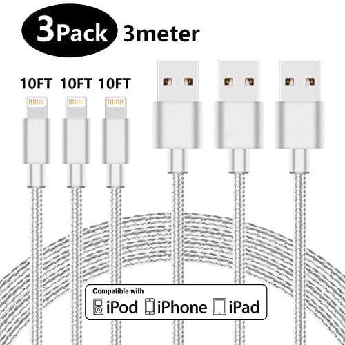 LINKPIN (10ft, 3Pack) Lightning Cable Nylon Braided Sync and Fast Charging Compatible with iPhone iPad iPod, White