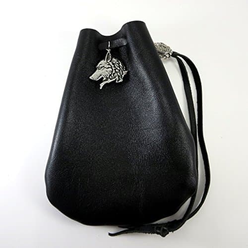 Black Leather Drawstring Pouch with Wolf Pewter Accent