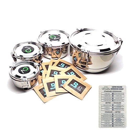 Bundle of 5 Items: Small, Medium, Large and Extra Large CVault Airtight Storage Containers with 12 Extra Boveda 8 Gram 62% Humidipak Regulators + Twin Canaries Chart