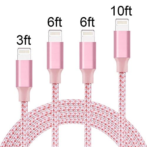 Akaho iPhone Cable,Lightning Cable 4Pack 3FT 6FT 6FT 10 FT Extra Long Nylon Braided Cord to USB Charging Charger for iPhone 7/7 Plus/6S/6S Plus,SE/5S/5,iPad,iPod Nano 7 (PinkWhite)