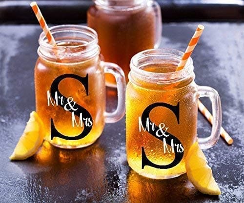 2 Mr and Mrs Monogram Decals. Customize Color, Name Initial, Size. Perfect for Wine Glasses, Flasks, Wedding and Anniversary Gifts, etc. Glass Not Included. Car Monogram Decal. Metallic and Glitter