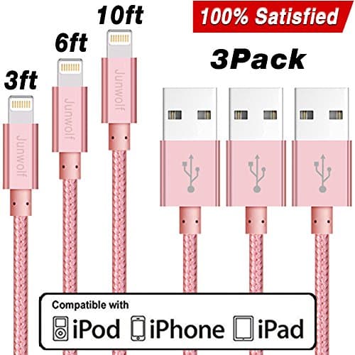 Junwolf 3Pcs 3FT 6FT 10FT Extra Long Nylon Braided Charging Cable Cord 8-Pin Lightning to USB Cable Charger Compatible with iPhone 7/ 7 Plus/6/6s/6 plus/6s plus, iPhone 5/5s/5c,iPad, iPod (rose gold)