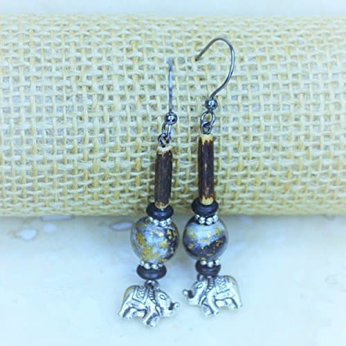 Silver Elephant, Bone, Twig Round Ball Dangle Earrings