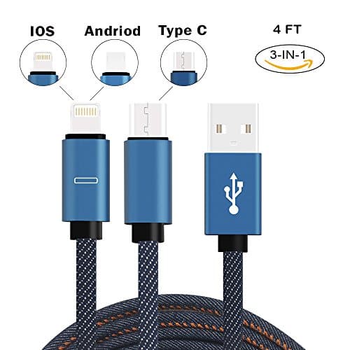 Multi USB Charging Cable,4 Ft 3 in 1 (Type C/Lighting/Micro) Multiple USB Fast Charging &amp; Data Transfer or Sync Cord 1 for Type C Devices,2 in 1 Share Same Port for Apple and Andriod(Denim Blue)