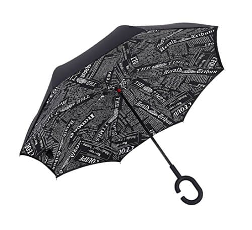 Double Layer Reverse Umbrella Open/Close In The Narrowest Space Creative Graphic Windproof Car Umbrella (black newspaper)