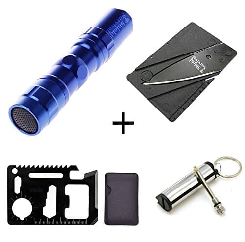 ShieldSurvival Deluxe Package Multitool Accessory Starter Kit (4 Items) - Waterproof LED Flashlight, 11 in 1 Black Tungsten Steel Credit Card Size Survival Kit Multitool, Credit Card Size Folding Knife, and Emergency Fire Starter