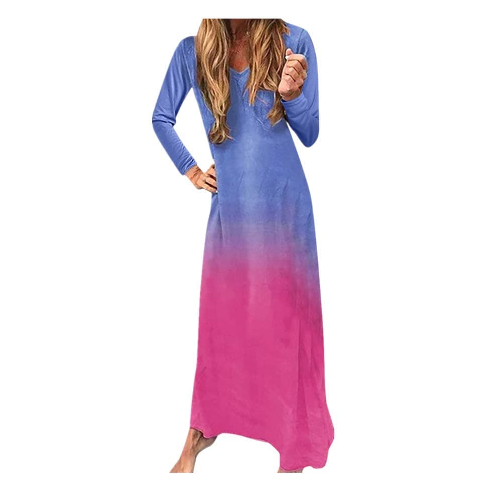 FORUU Maxi Dresses for Womens, Gradient Tie-Dyed Block Patchwork Color Boho Printed V Neck Short Sleeve Long Sundress