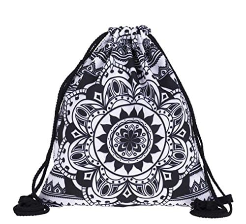 BAGOOE Printed 3D Patterns Floral Darwstring Quick Pack Travel Storage Shoulder Gym Bag Pouch Backpack Rucksack, Black White Mandala
