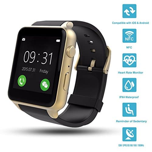 Wingtech Bluetooth Wireless GT88 Smart Watch Pedometer Activity Tracker Heart Rate Monitor Watch with Camera Sim Card Slot for iOS/Android Smartphones (Gold)