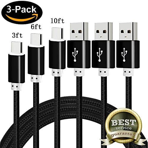 USB Type C Cable, Xilsn 3-Pack (3ft 6ft 10ft) USB C to USB A Extra Long Braided Fast Charger Cord for Samsung Galaxy S8, S8+, Note 8, LG G5, G6, V20, Nintendo Switch, MacBook, HTC 10 and More[Black]