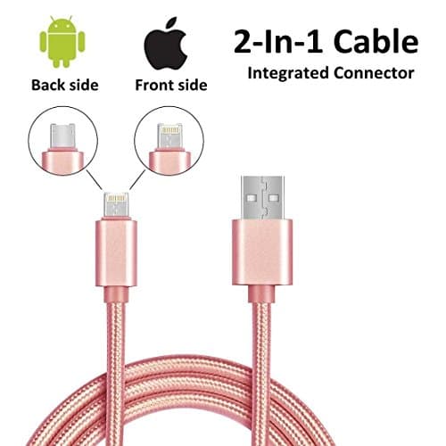 iPhone Lightning + Android Micro USB Universal 2-in-1 Charger Cable Braided Fast Adapter Cord, Front Side for iPhone iPad Back Samsung HTC LG Moto Huawei 3.3 ft (Pink)