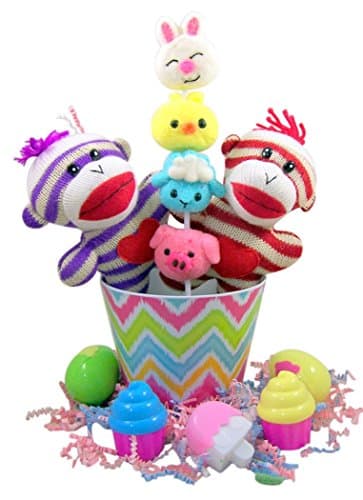Striped Sock Monkey Easter Basket with Cupcake Shape Eggs and Sucker