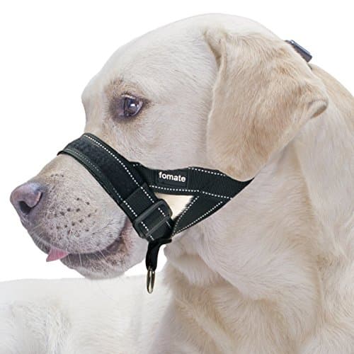FOMATE Quick-Fit Dog Muzzle leader with Adjustable sections, Quick Release Strap, and High Visibility Safety Reflective Stripes, for big and small breeds. (Large, Reflective Black)