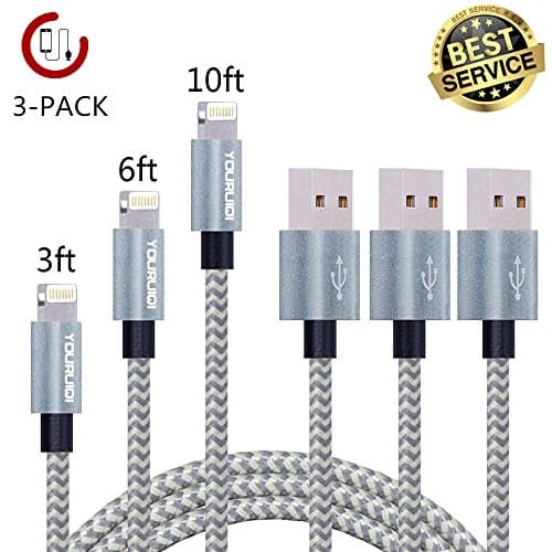 iPhone Charger,Youruiqi Lightning Cable,3 Pack 3ft 6ft 10ft Nylon Braided Lightning to High Speed Charging USB Cable Cord for iPhone 7/7 Plus/6/6s/6 Plus/6s Plus/5/5s/5c/SE and More (3PCS Gray&amp;Silver)