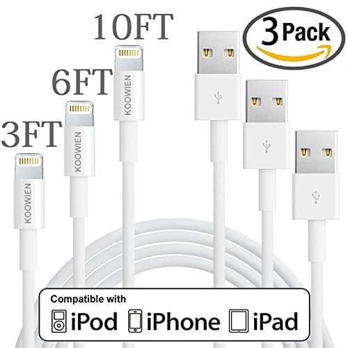 Lightning Cable, KOOWIEN 3Pack 3FT 6FT 10FT 8pin USB Cable Syncing and Charging Cable Cord Charger for Apple iPhone 6/6s/6 plus/6s plus, SE, 7/7plus, iPad Air/Mini/Pro, iPod Nano/Touch (White)