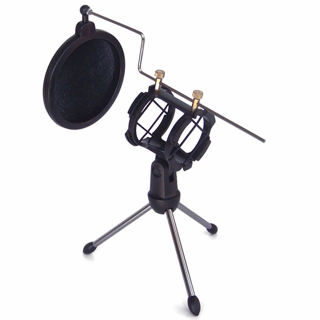 Tripod Microphone Stand, Adjustable Studio Condenser Desktop Microphone Holder With Windscreen Double-Net Filter Cover, Studio Condenser Table Plastic Mini Mic Clip Holder (Black)