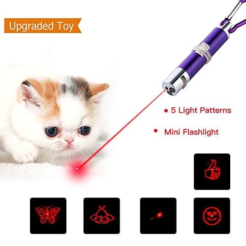 Cat Catch LED Light 5 in 1 Multiple Funny Patterns Pussies Chase Toy Stick Interactive LED Toy Training Funny Kitten Toy Mini Flashlight Great Tool for Teasing Cat (Purple)