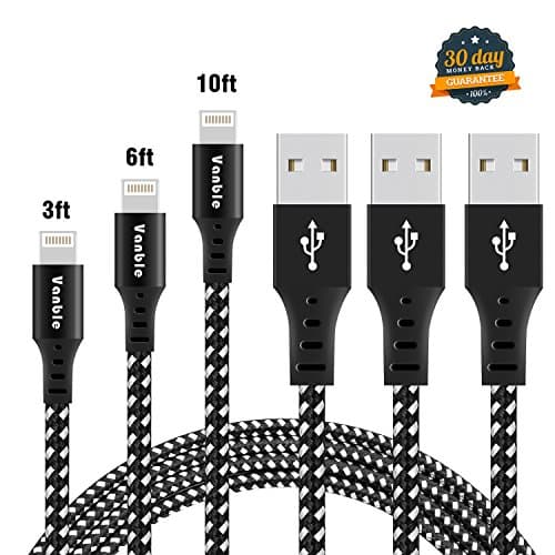Vanble iPhone Cable, 3 Pcs 3FT+6FT+10FT Nylon Braided Lightning Cable Fast Sync Charging Cord Cable for iPhone 7, 7Plus, 6s, 6, 6Plus, 6sPlus, iPhone 5s 5 5c, iPad, iPod and More (Carbon Black)