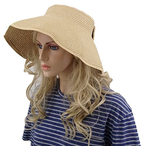 Simes Sun Hat, Foldable Straw Beach Visor (Beige)