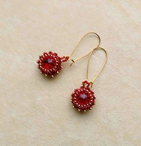 Beaded Red Swarowski Gemstone Dangle Earrings