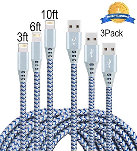 Mribo 3PACK (3+6+10)ft Lightning Cable Nylon Braided Charging Cable USB Cord for iPhone,iPad,iPod.Lastest Version(GRAY BLUE)