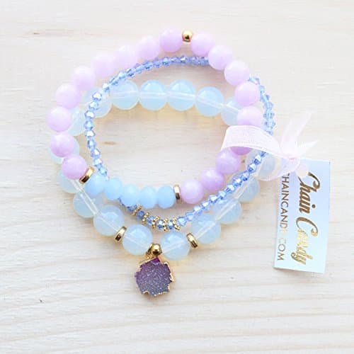 Pastel Spring Stretchy Gemstone Beaded Druzy CharmBracelet Stack