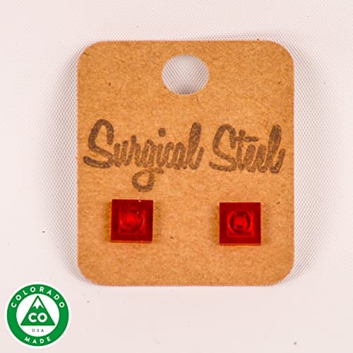 Transparent Red LEGO Square Stud Earrings