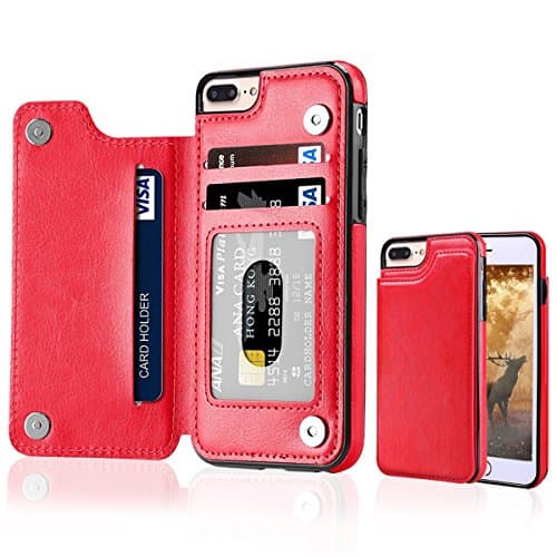 iPhone 8 Plus/iPhone 7 Plus Wallet Case with Card Holder,Vintage Premium PU Leather Kickstand Card Slots Case with Double Magnetic Clasp for iPhone 8 Plus/iPhone 7 Plus 5.5 Inch (iphone 7 puls-Red)