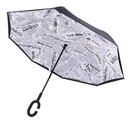 Inverted Umbrella Reverse Folding C Shape Handle Double Layer Rain Wind Sun UV Proof Automatic Umbrella with Carry Bag (Newspaper)
