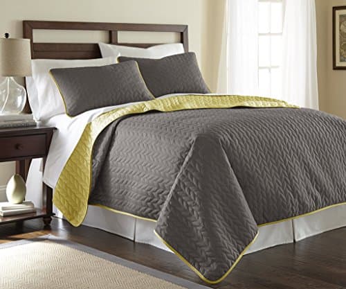 Amrapur Overseas Leaf Solid Reversible Quilted 3-piece Coverlet Set, King, Steel Grey/Bamboo