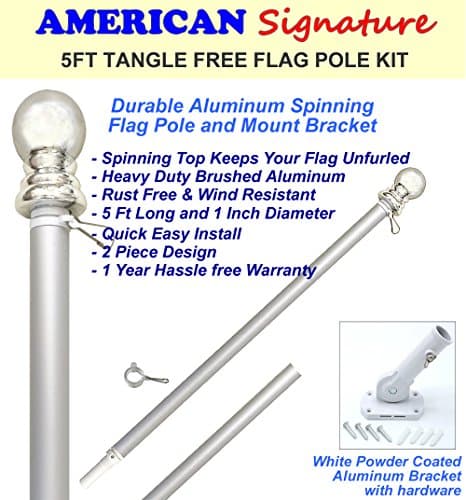 Flag Pole and Bracket Holder Kit: Includes 5 Ft Heavy Duty Aluminum Tangle Free Spinning Flag Pole and Adjustable Outdoor Wall Mount Bracket (Silver, 5')