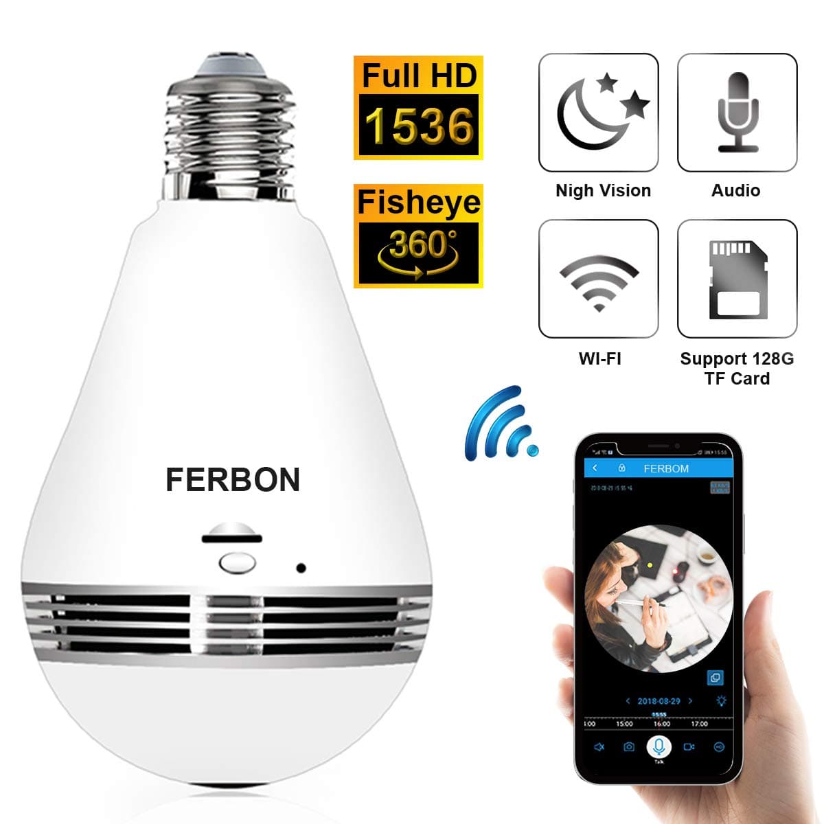 Light Bulb Camera 3MP 1536P Panoramic Camera, IR Motion Detection Cloud Service Wireless WiFi IP Security Surveillance System with Infrared Night Vision, Two Way Audio for Indoor, Home，Baby