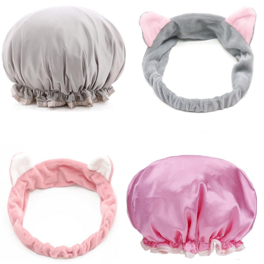 4 Pieces Bath Set，2 Pieces Double-layer Bath Cap+2 Cat Ears Headband Elastic Band Shower Hat Waterproof for Women Shower Spa