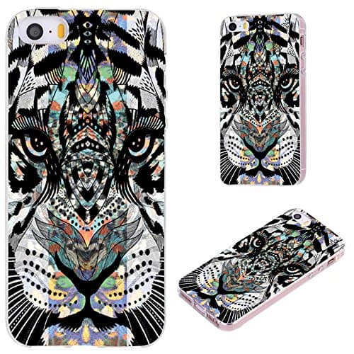 iPhone SE Case,iPhone 5S Case,iPhone 5 Case,VoMotec Anti-Scratch Slim Flexible Soft TPU Protective Skin Cover Case for Apple iPhone 5/5S/ SE 2016 4.0 Inch,Black Tiger Head with Colorful Cross