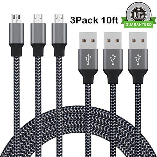 Micro USB Cable, Duractron 3Pack 10FT Premium Durable High Speed USB 2.0 to Micro USB Android Charging Cable for Samsung,Sony,Nexus,LG and Windows/PS4/Xbox One/Camera/MP3 and More (Carbon Black)