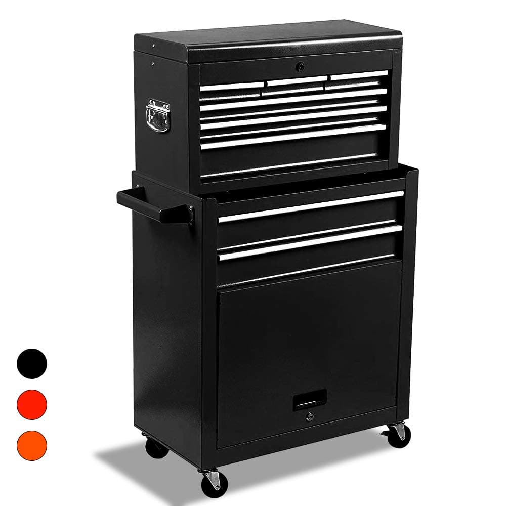 Big Removable Tool Chest, Rolling Tool Chests with Wheels (2PCS Lockable) and Drawers, Top Tray and Bottom Cabinet Door with Keyed Locking System, for Garage, Warehouse, Workshop and More(Black)