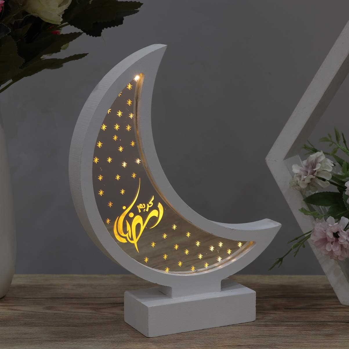Uonlytech Muslim Ramadan Night Light Moon Shape Table Lamp Eid Decorations Desktop Ornaments for Home Eid Festival Party Supplies