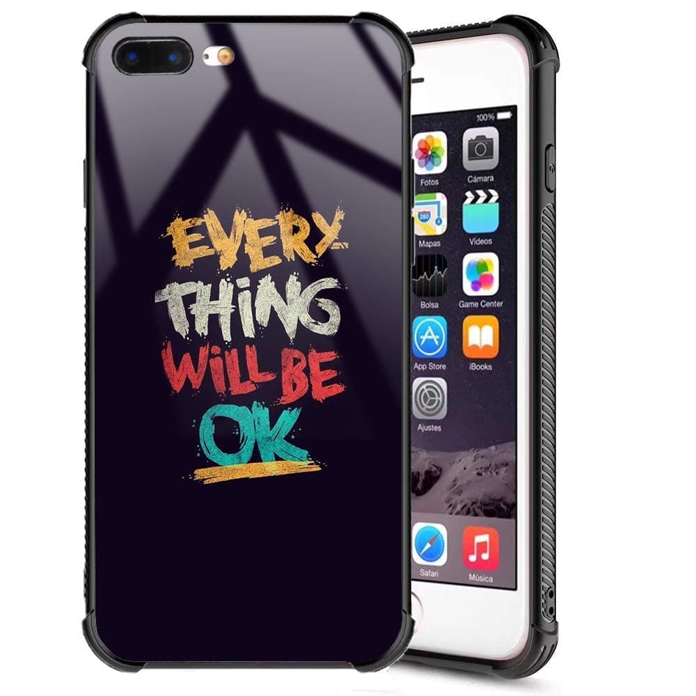 iPhone 7 Plus Case, iPhone 8 Plus Case,Quotes Motivational Design Slim Fit Tempered Glass Back Cover and Soft Silicone Shockproof Bumper Protective Case for iPhone 7 Plus/8 Plus Everything Will Be Ok
