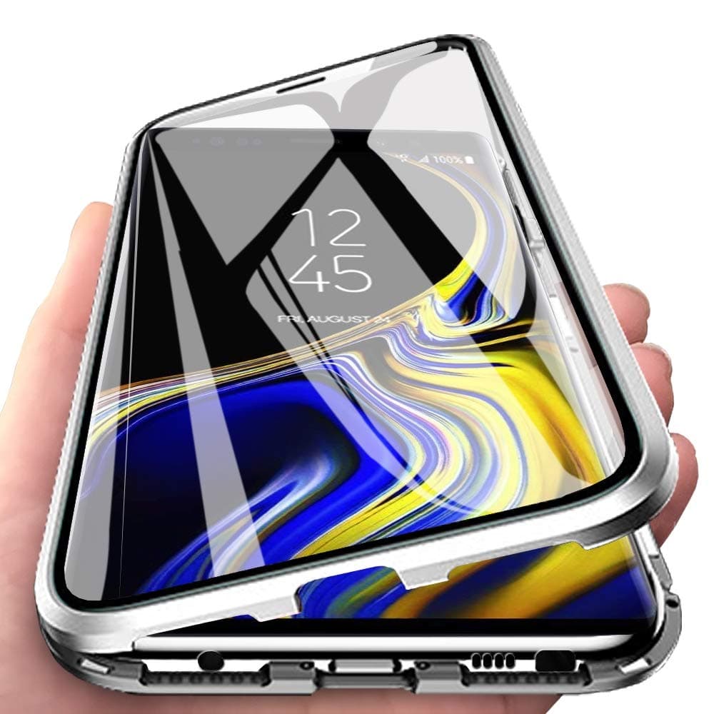 Eabuy Galaxy Note 9 Case, 360° Full Body Transparent Tempered Glass with Magnetic Adsorption Metal Bumper Case Cover for Samsung Galaxy Note 9 Silver