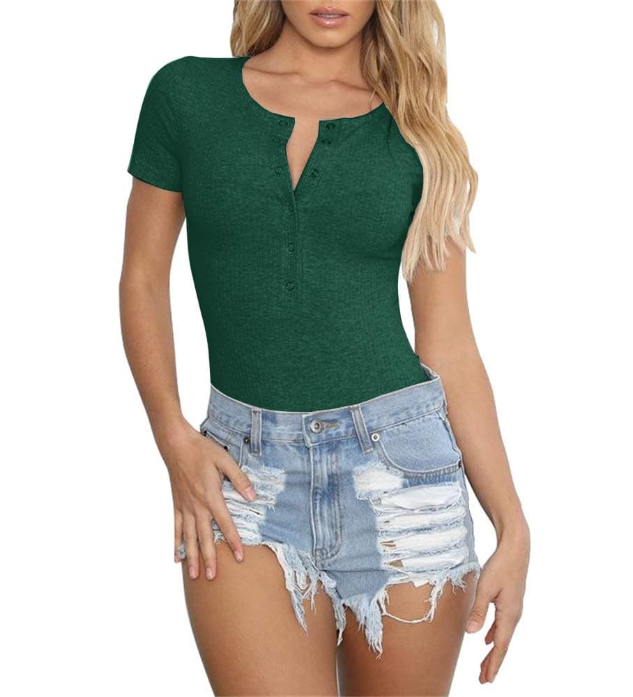 PALINDA Women's Short Sleeve Basic Button Down Knitted Ribbed Stretchy Bodysuits Leotard