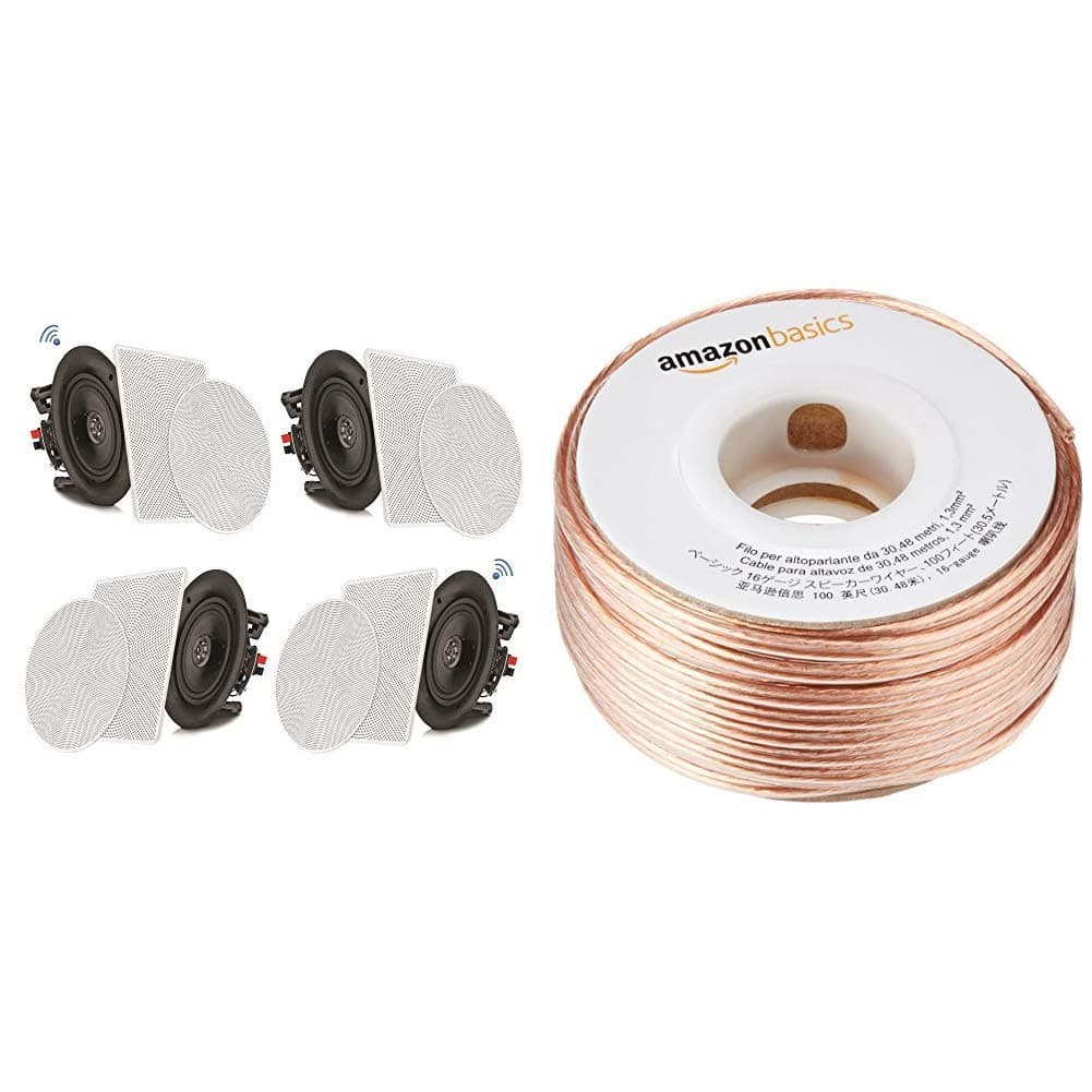 Pyle 8” 4 Bluetooth Flush Mount in-Wall in-Ceiling 2-Way Speaker System Quick Connections Changeable Round/Square Grill Polypropylene Cone & Amazon Basics SW100ft 16-Gauge Speaker Wire - 100 Feet