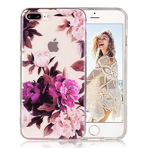 iPhone 8 plus case, iPhone 7 plus case, COSANO Floral Flower Clear Design Slim Fit [Hard PC Back + Shock Absorbing Soft Bumper] [Scratch-Resistant] Transparent Protective Cover (Purple Peony 8+)