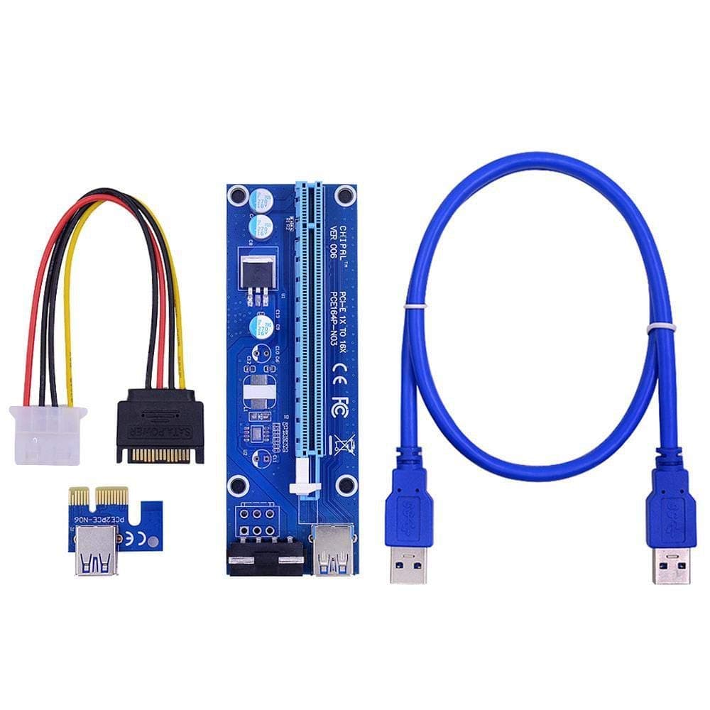 PCIE PCI-E Riser Card PCI Express 1x 16x Adapter 0.6M USB 3.0 Cable SATA 4Pin Molex Power for Mining Bitcoin Miner, 60cmBlue