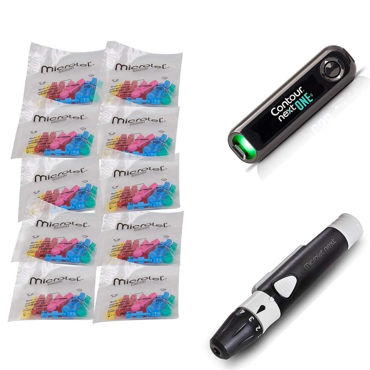 Microlet Combo Kit - Includes 100 Colored Lancets, 1 Contour Meter, 1 Lancing Device (100 + Meter + Device)