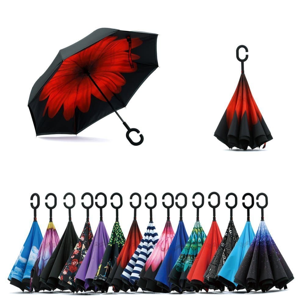 Jooayou Double Layer Inverted Umbrella, C Shape Handle Reverse Folding Umbrella, Anti-UV Windproof Travel Umbrella with Carrying Bag