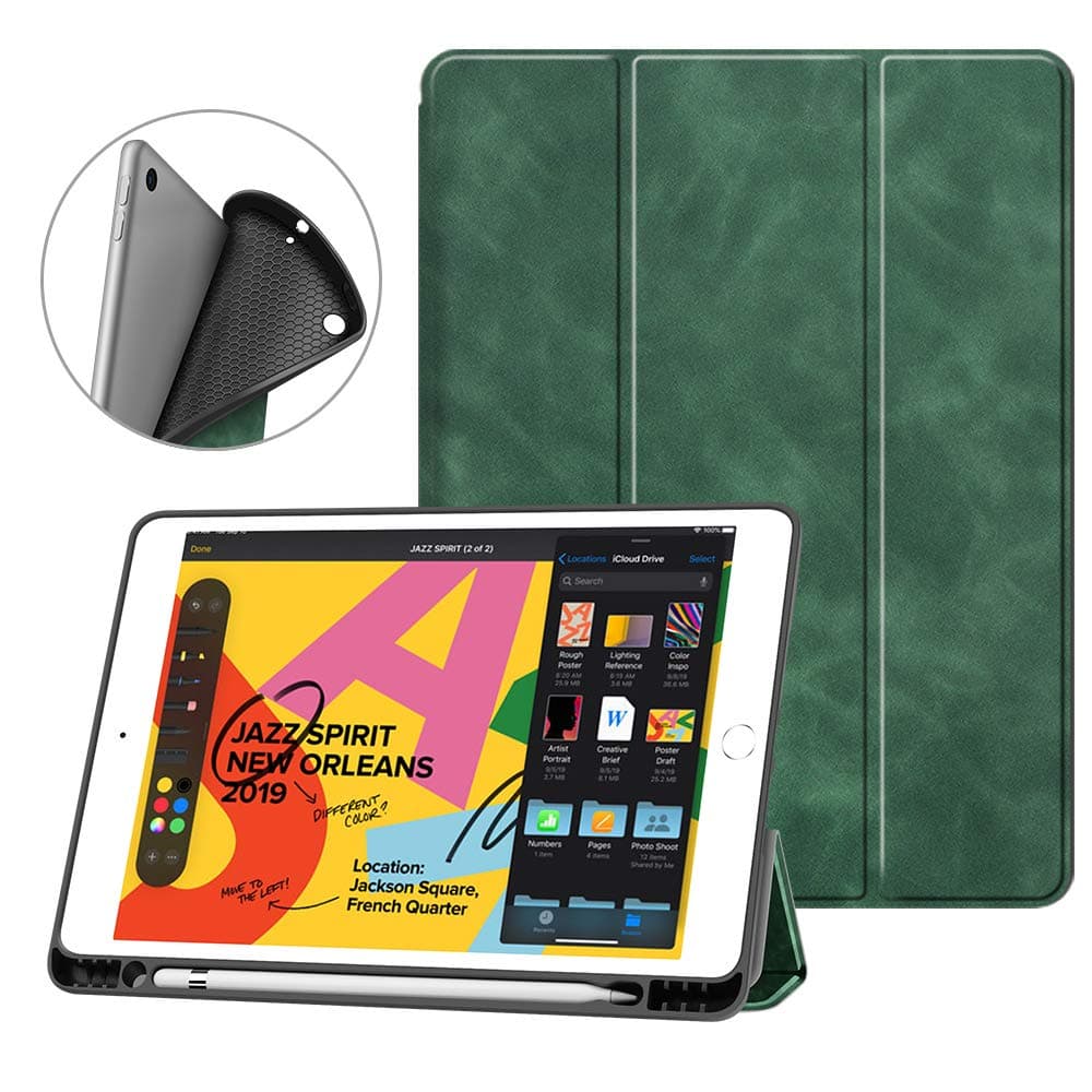 Smart Case for iPad 9th 8th 7th Generation, iPad Case 10.2-Inch (2021/2020/2019 Model, iPad 9/8/7), Soft TPU Trifold Stand Protective Case Cover Shell with Pencil Holder, Auto Wake/Sleep, Green